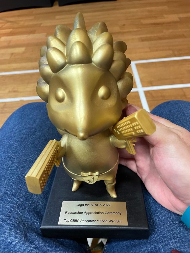 The Top GBBP Researcher award is a very cute looking trophy with a 3D statue of Jaga (Hedgehog), the Singapore Government's mascot for cybersecurity, holding a keyboard on each hands [Front-View]